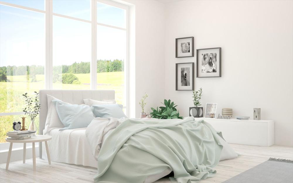 white bed in front of windows