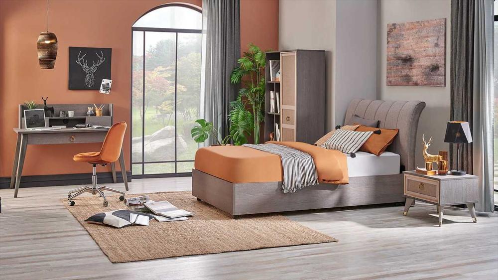 beige furnitures in a orange young bedroom