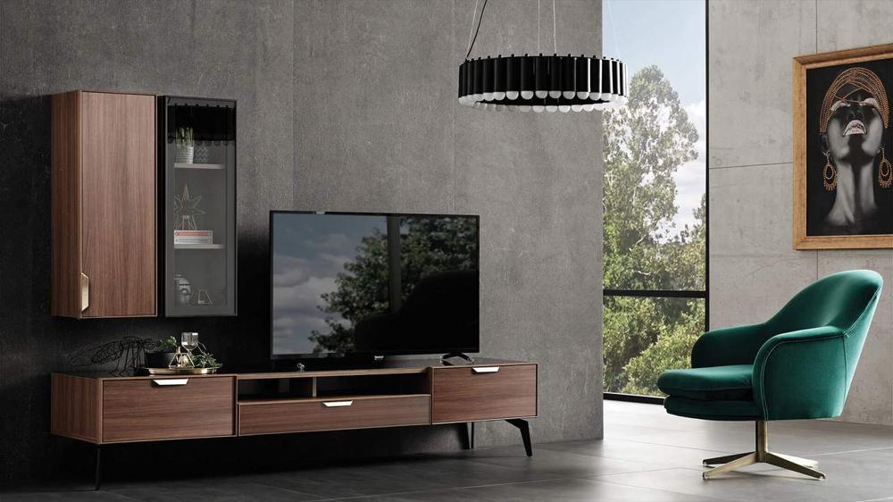 dark brown tv unit with beige grey walls