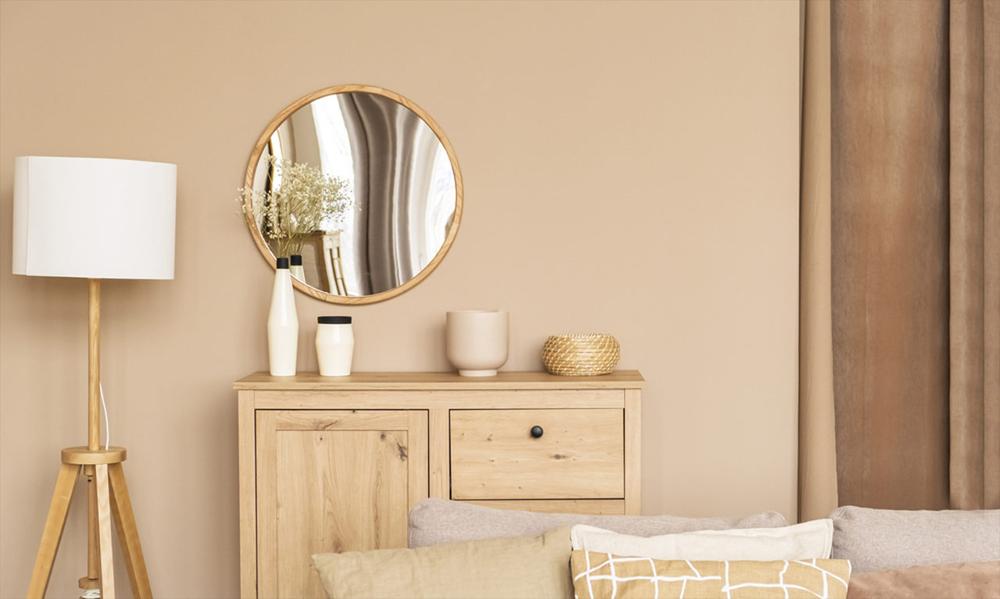 light brown furnitures with light wall color