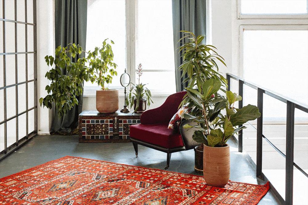 boho living room with red armchair