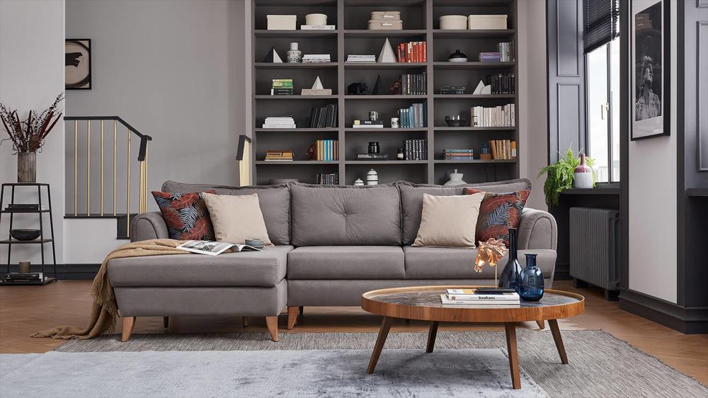 grey suede sofa in a modern living room interior
