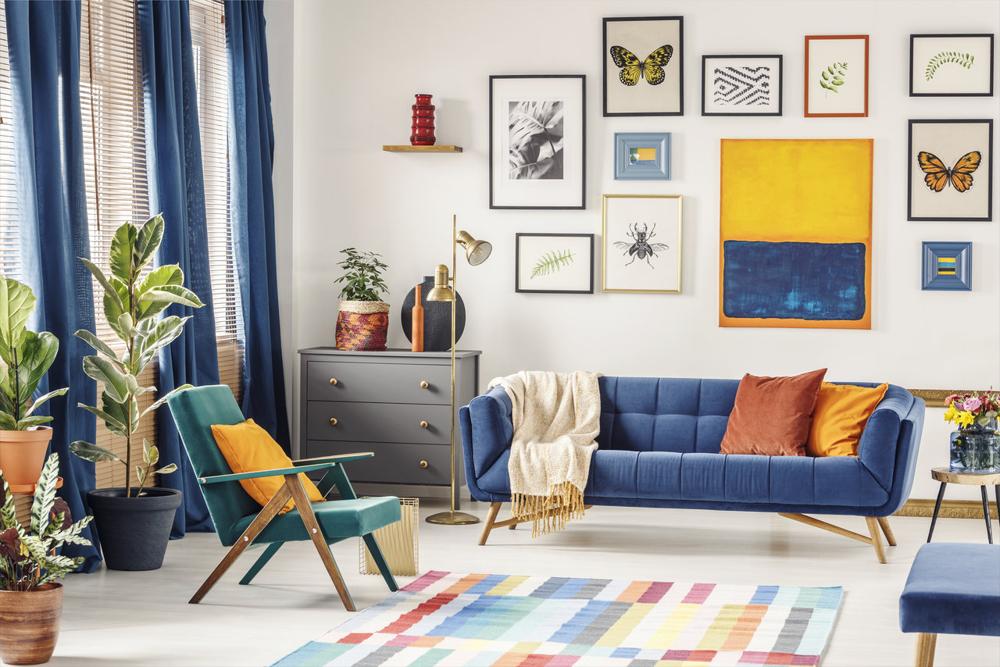 blue and orange modern boho living room interior