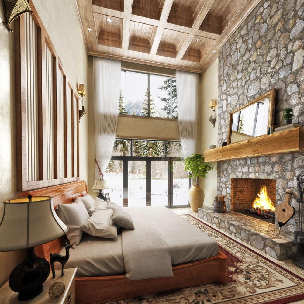 taş duvarlı ve şömineli kabin rustik yatak odası