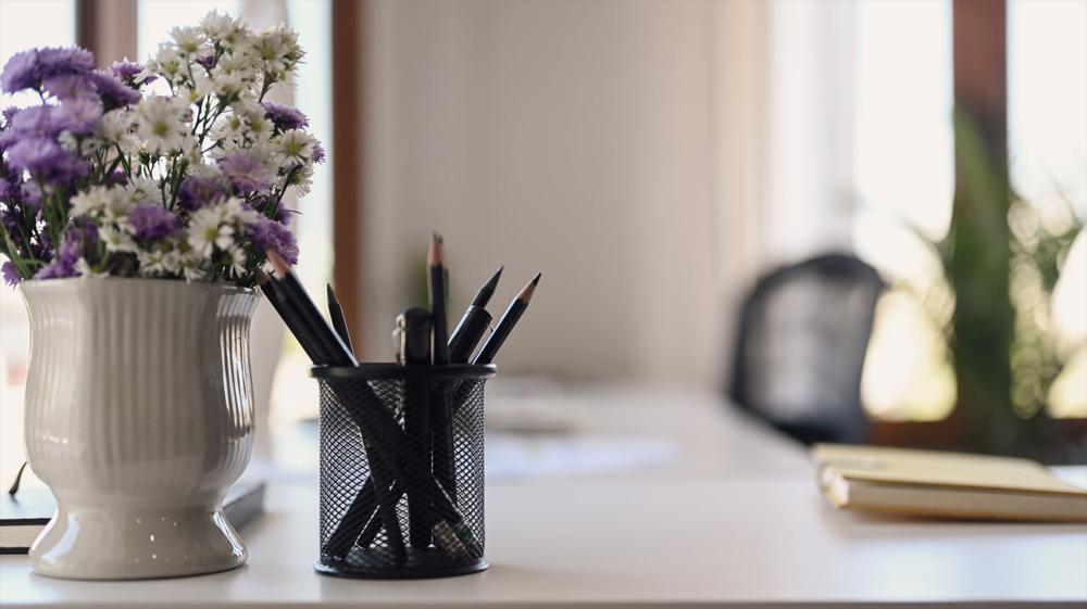 masanın üzerinde yer alan kalemlik ve saksı çiçeği
