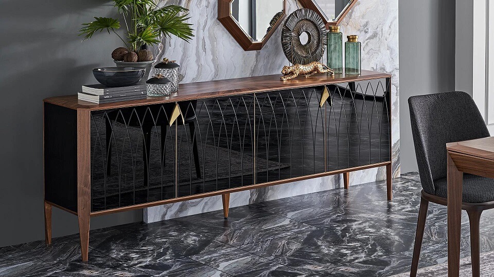 black marble sideboard with accories on top