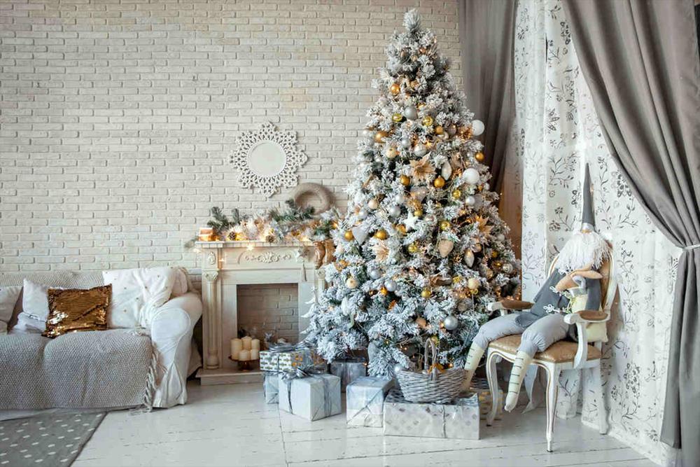 Printed Elegant White Christmas Tree Decorations and Fireplace Backdrop -  4663