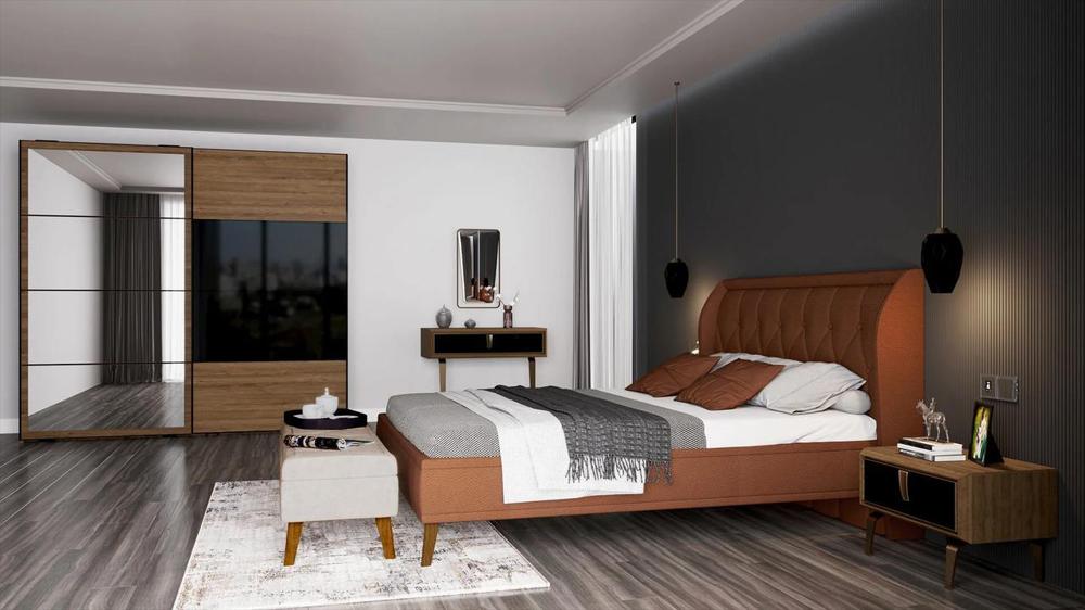 kahverengi mobilyaların olduğu bir yatak odası