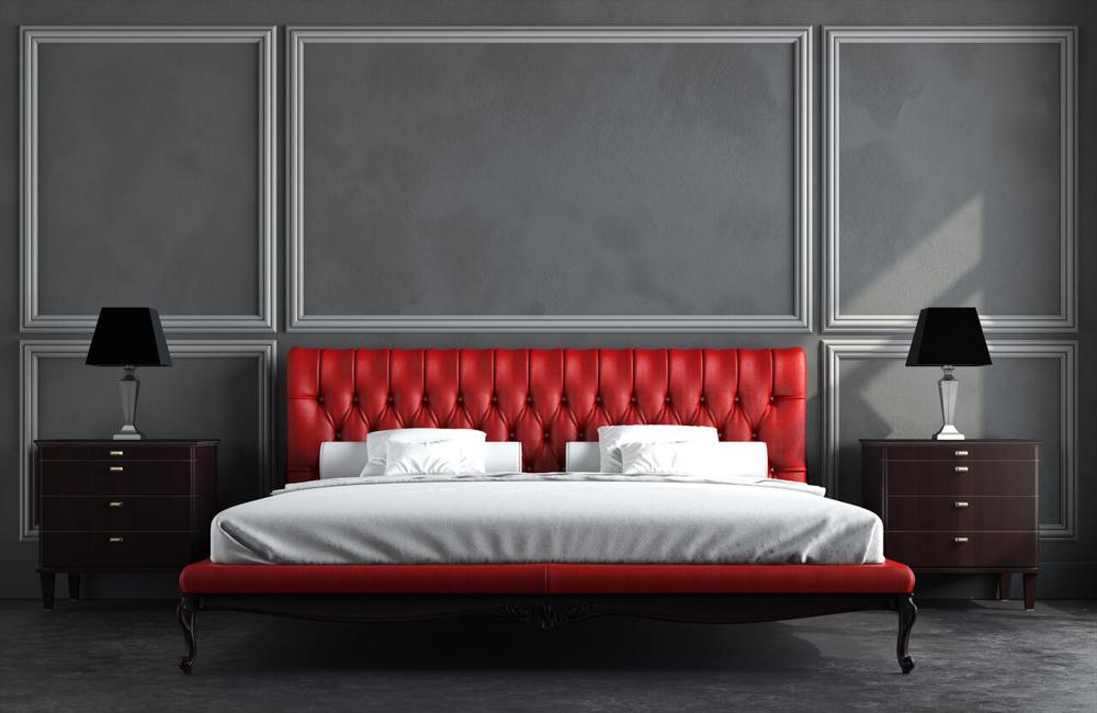 kırmızı yatak başlıklı yatak odası